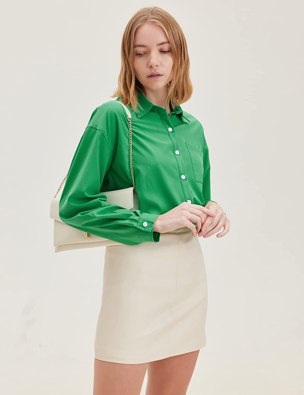 Hotouch Women Button Down Shirts Office Drop Shoulder Oversized Blouse Long Sleeve Boyfriend Dress Shirt with Pockets - Image 4